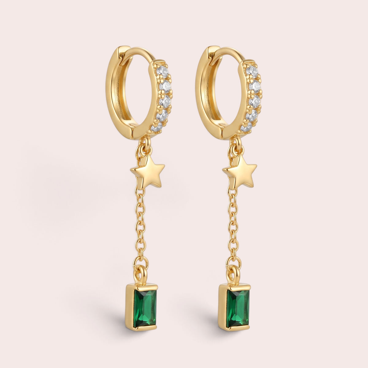 Green star long earrings