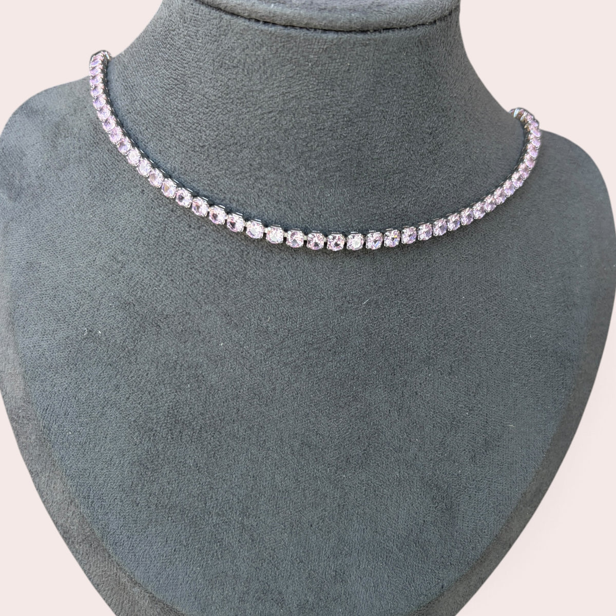 Pink stone silver base tennis necklace